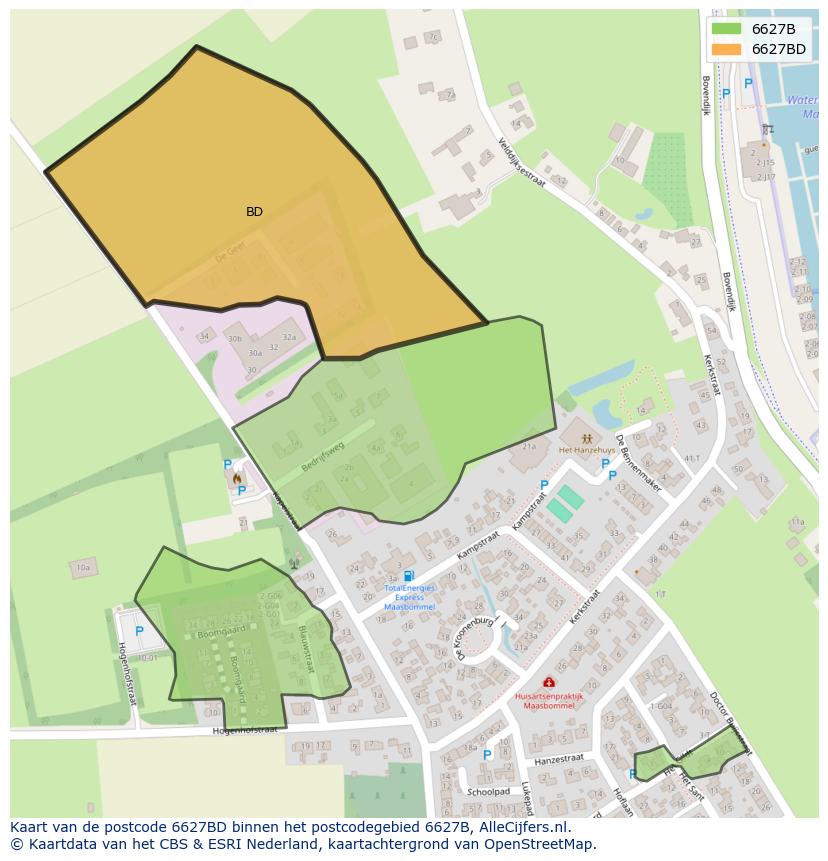 Afbeelding van het postcodegebied 6627 BD op de kaart.