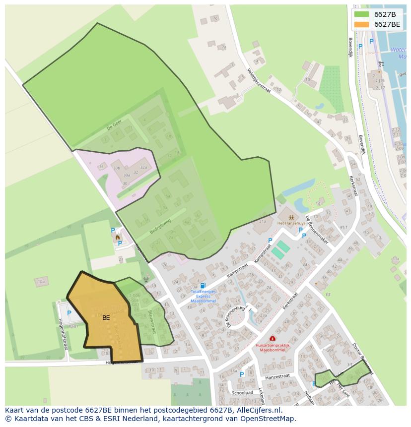 Afbeelding van het postcodegebied 6627 BE op de kaart.