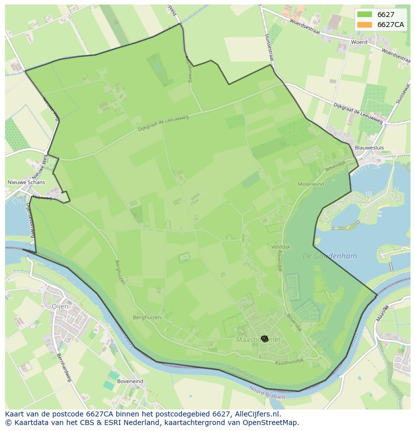Afbeelding van het postcodegebied 6627 CA op de kaart.
