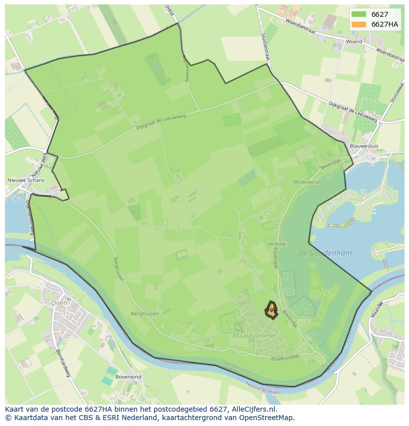 Afbeelding van het postcodegebied 6627 HA op de kaart.