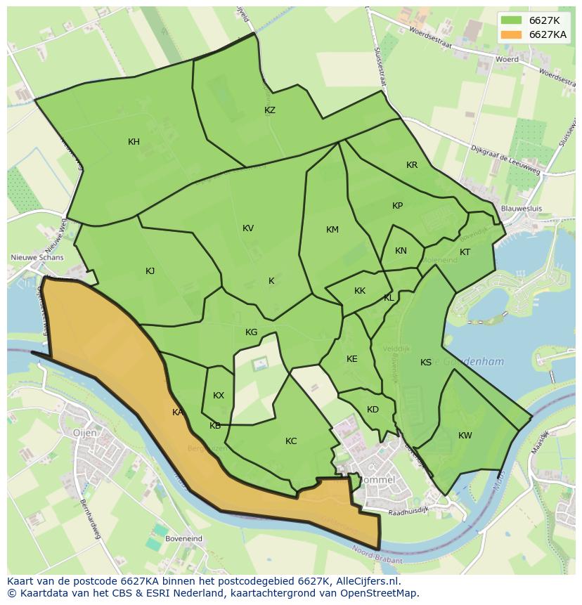 Afbeelding van het postcodegebied 6627 KA op de kaart.