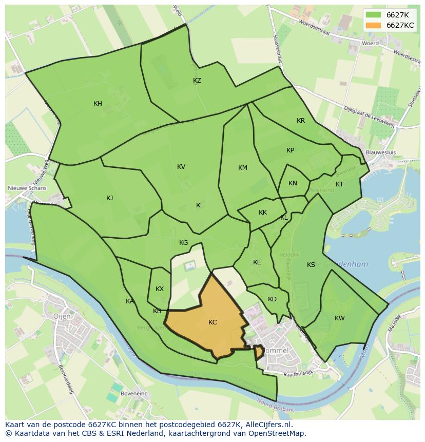 Afbeelding van het postcodegebied 6627 KC op de kaart.