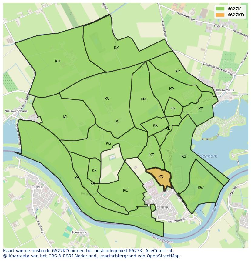 Afbeelding van het postcodegebied 6627 KD op de kaart.