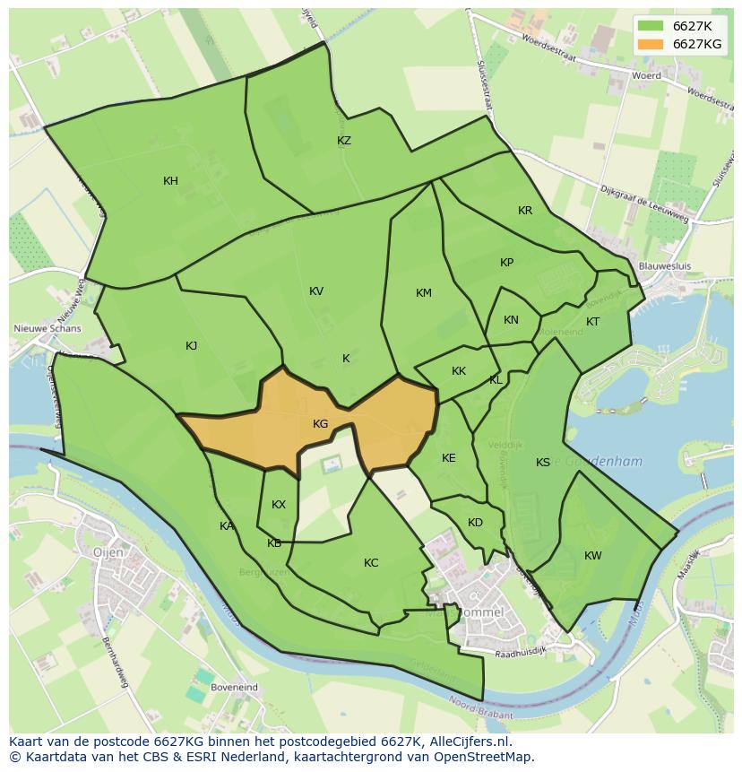Afbeelding van het postcodegebied 6627 KG op de kaart.