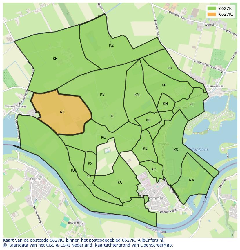 Afbeelding van het postcodegebied 6627 KJ op de kaart.