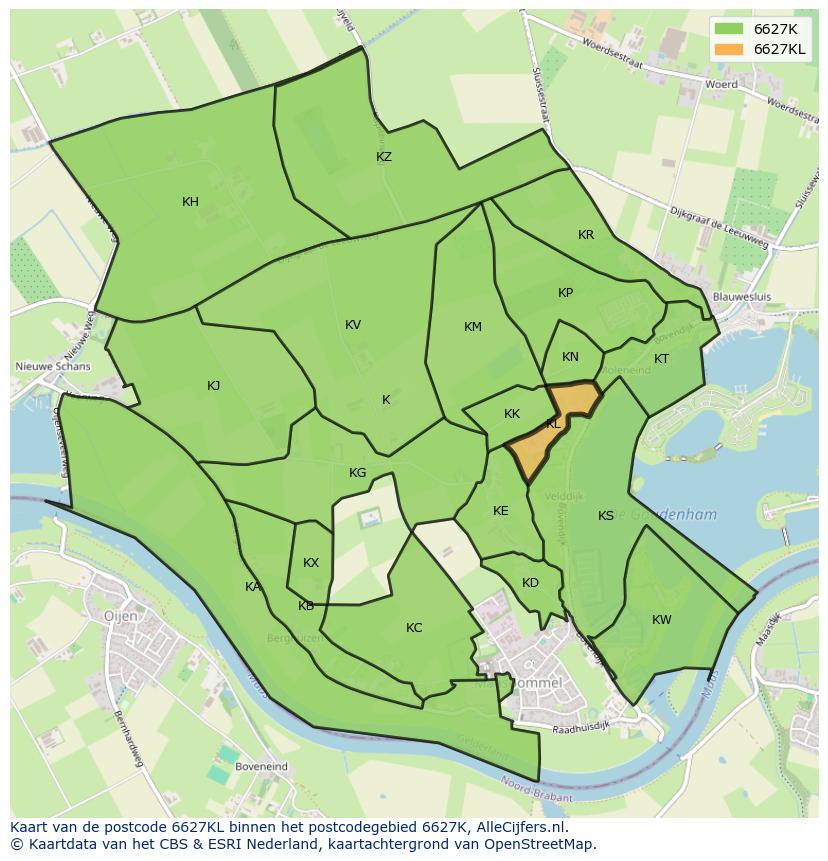 Afbeelding van het postcodegebied 6627 KL op de kaart.