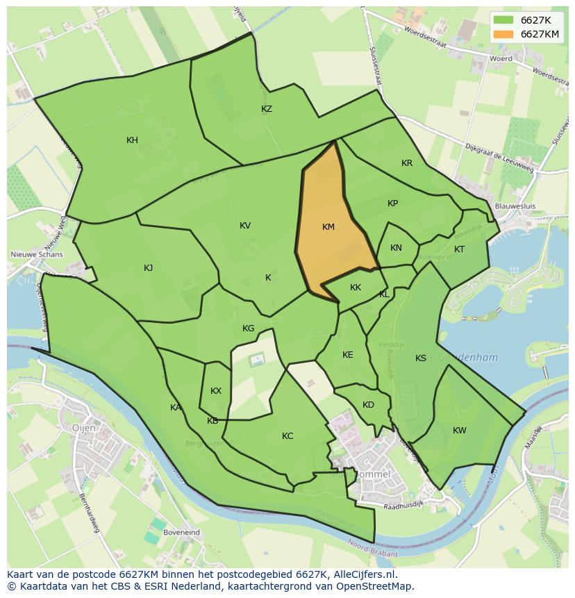Afbeelding van het postcodegebied 6627 KM op de kaart.