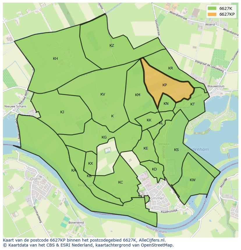Afbeelding van het postcodegebied 6627 KP op de kaart.