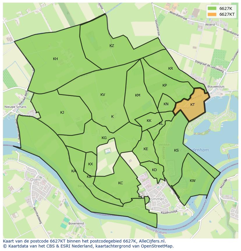 Afbeelding van het postcodegebied 6627 KT op de kaart.