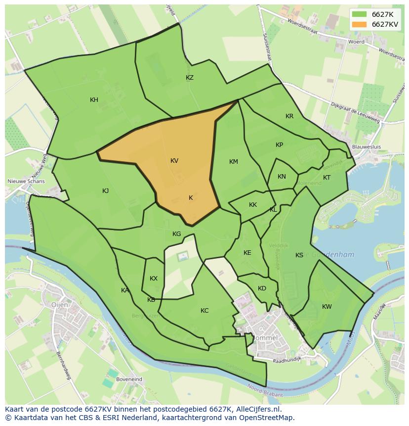 Afbeelding van het postcodegebied 6627 KV op de kaart.