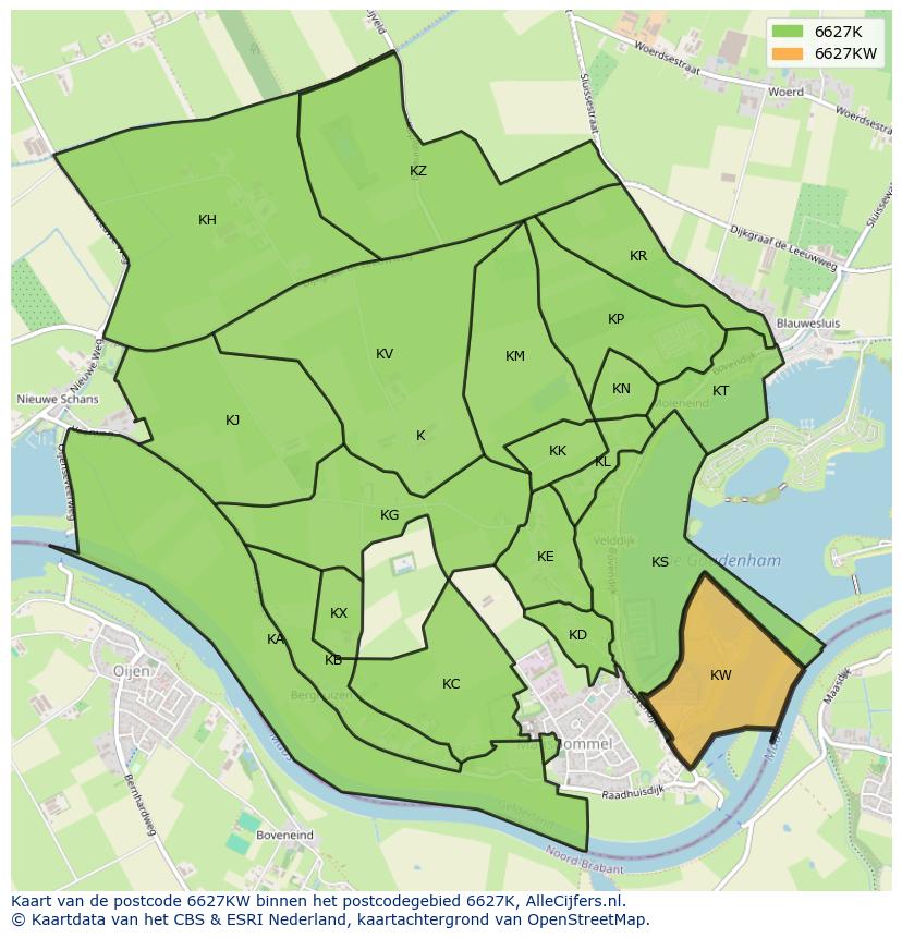 Afbeelding van het postcodegebied 6627 KW op de kaart.