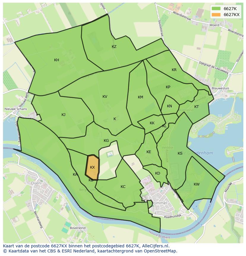 Afbeelding van het postcodegebied 6627 KX op de kaart.