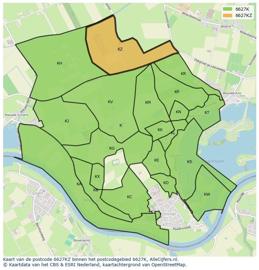 Afbeelding van het postcodegebied 6627 KZ op de kaart.