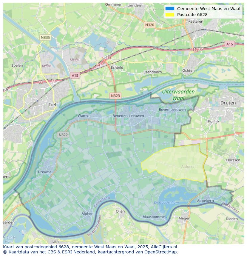 Afbeelding van het postcodegebied 6628 op de kaart.