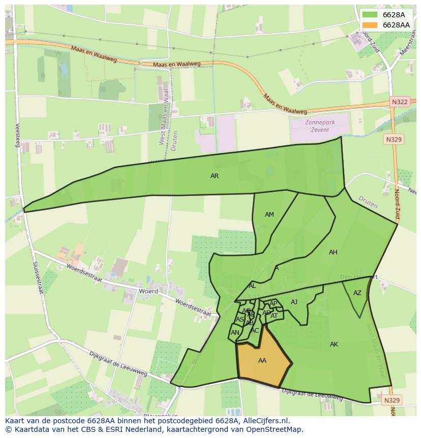 Afbeelding van het postcodegebied 6628 AA op de kaart.