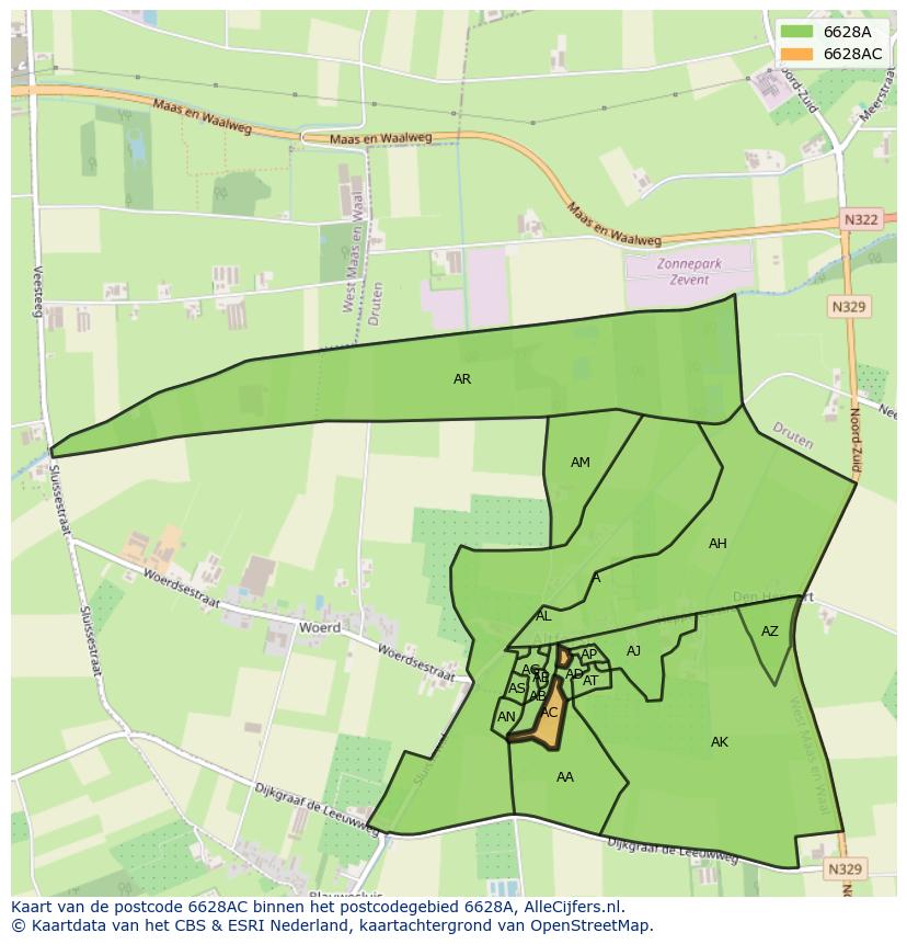 Afbeelding van het postcodegebied 6628 AC op de kaart.
