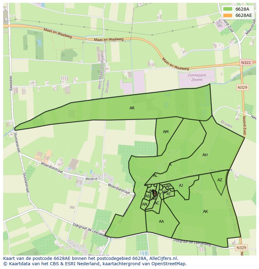Afbeelding van het postcodegebied 6628 AE op de kaart.