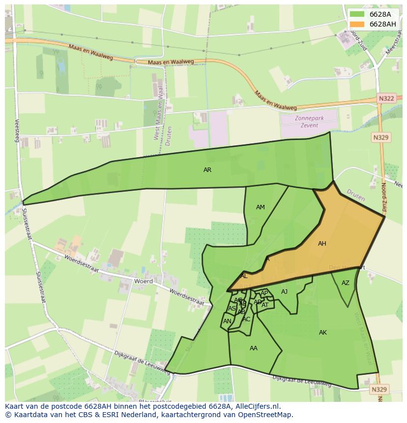 Afbeelding van het postcodegebied 6628 AH op de kaart.