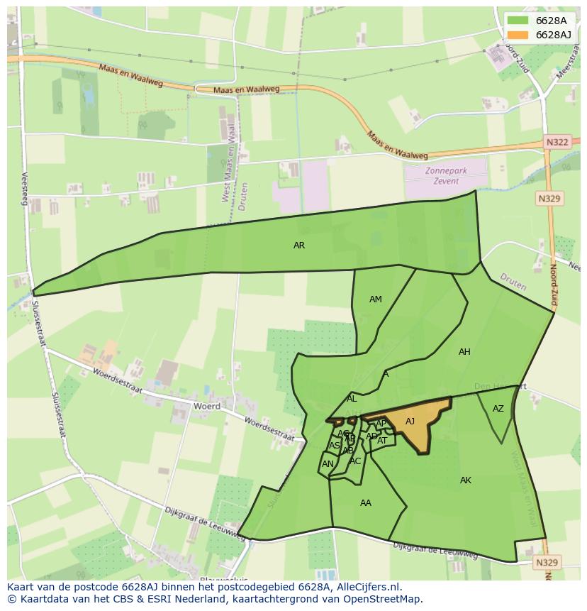 Afbeelding van het postcodegebied 6628 AJ op de kaart.