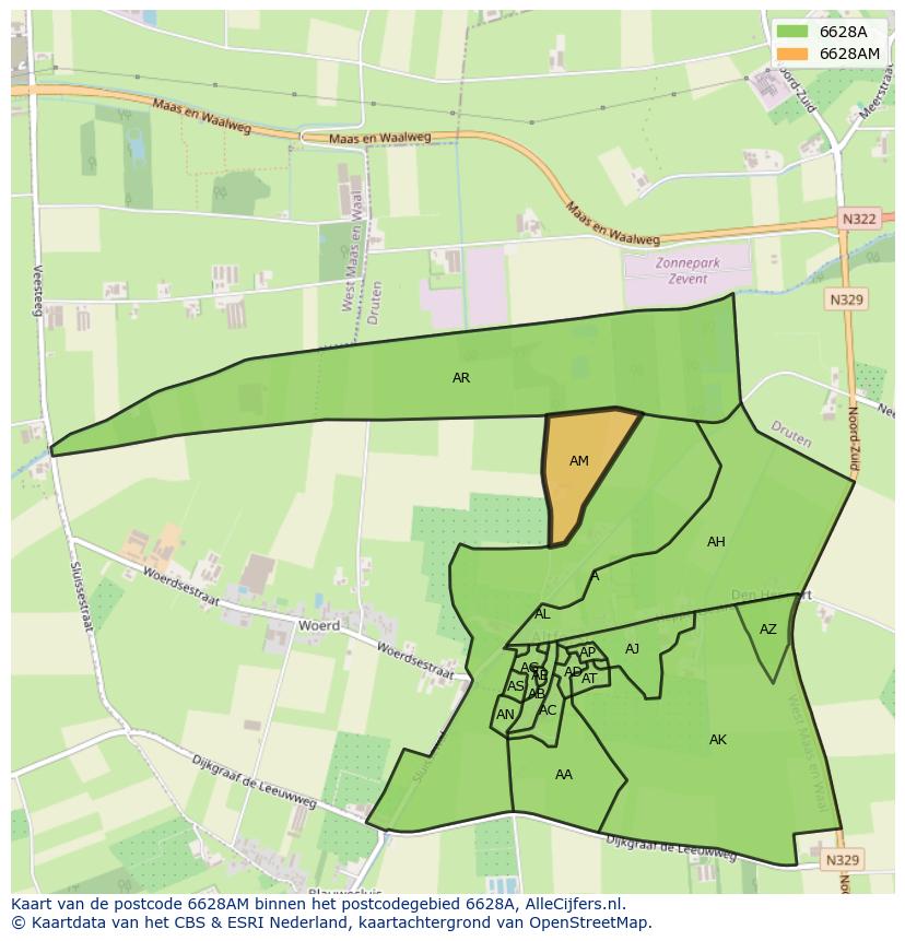 Afbeelding van het postcodegebied 6628 AM op de kaart.