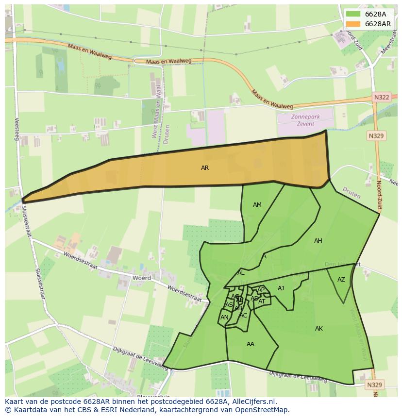 Afbeelding van het postcodegebied 6628 AR op de kaart.