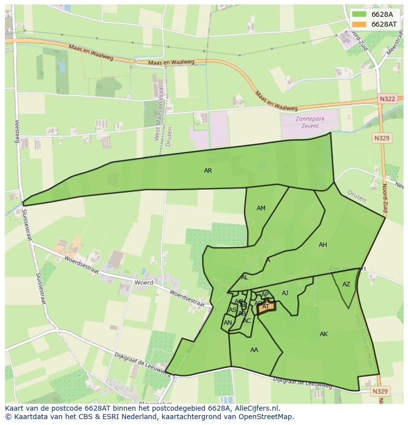 Afbeelding van het postcodegebied 6628 AT op de kaart.