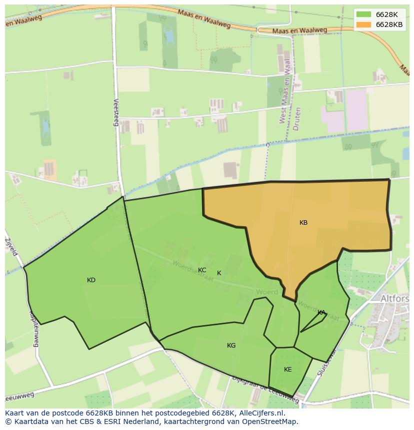 Afbeelding van het postcodegebied 6628 KB op de kaart.