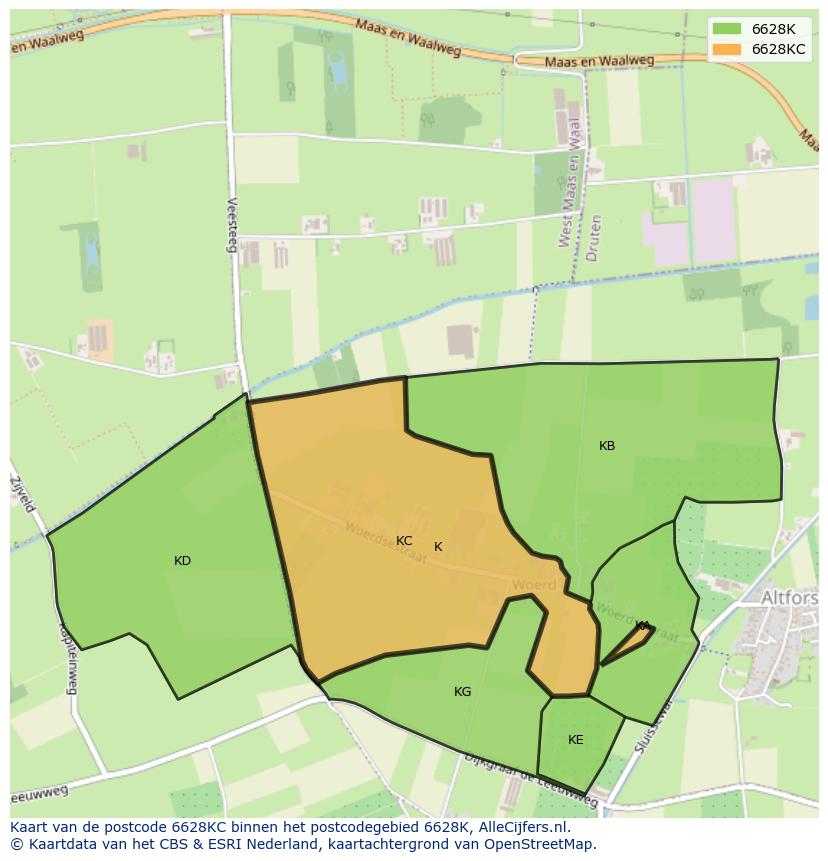 Afbeelding van het postcodegebied 6628 KC op de kaart.