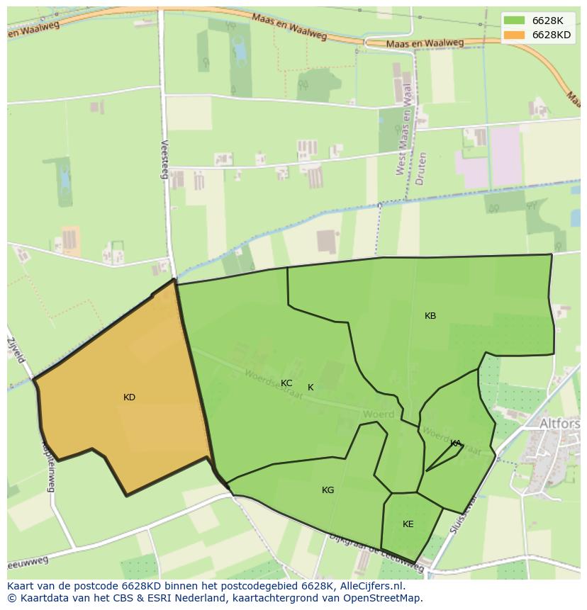 Afbeelding van het postcodegebied 6628 KD op de kaart.
