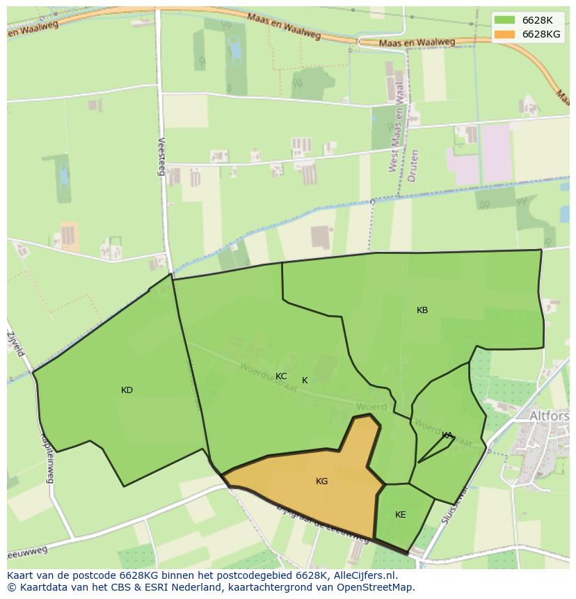 Afbeelding van het postcodegebied 6628 KG op de kaart.