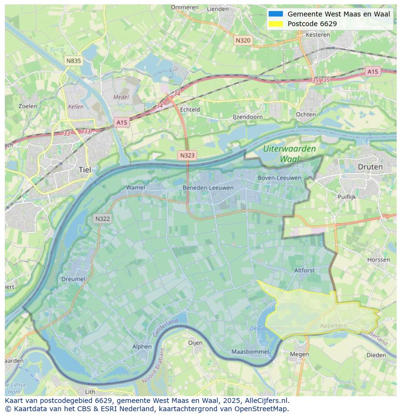 Afbeelding van het postcodegebied 6629 op de kaart.