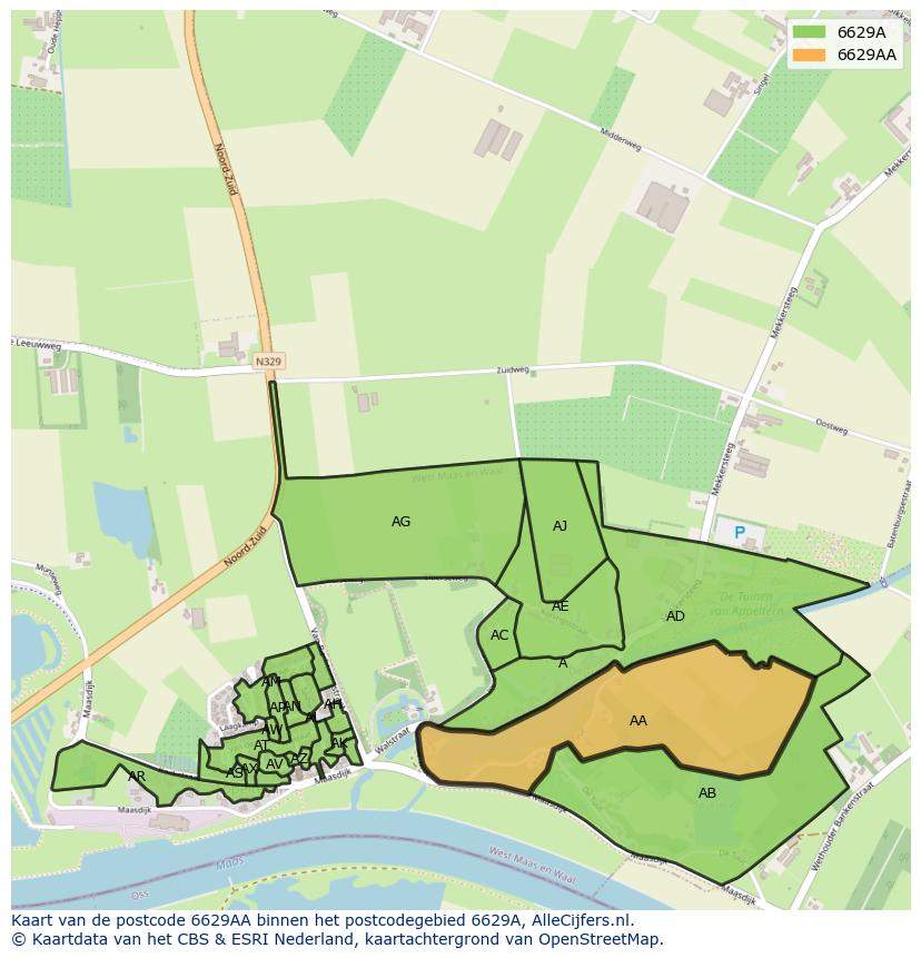 Afbeelding van het postcodegebied 6629 AA op de kaart.