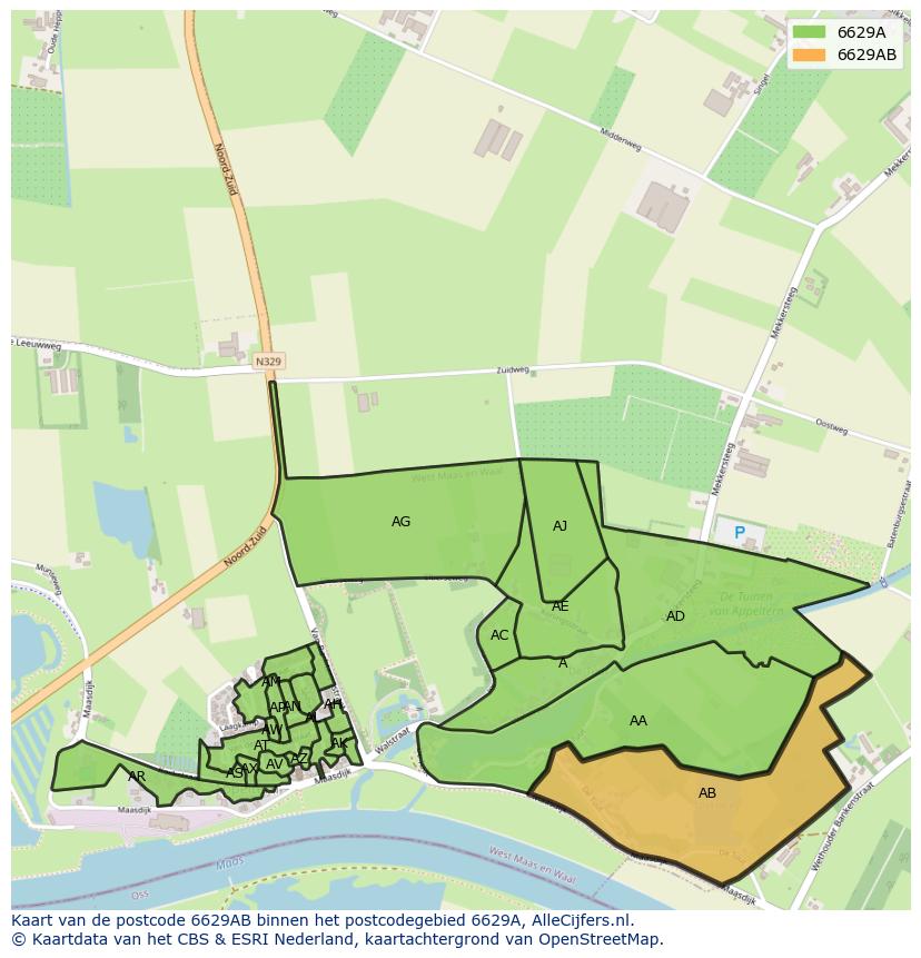 Afbeelding van het postcodegebied 6629 AB op de kaart.