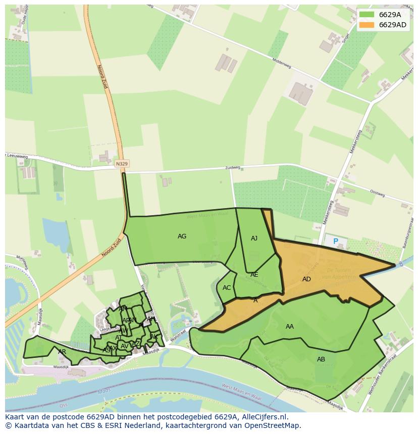 Afbeelding van het postcodegebied 6629 AD op de kaart.