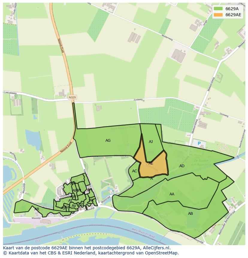 Afbeelding van het postcodegebied 6629 AE op de kaart.