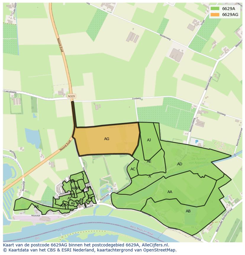 Afbeelding van het postcodegebied 6629 AG op de kaart.