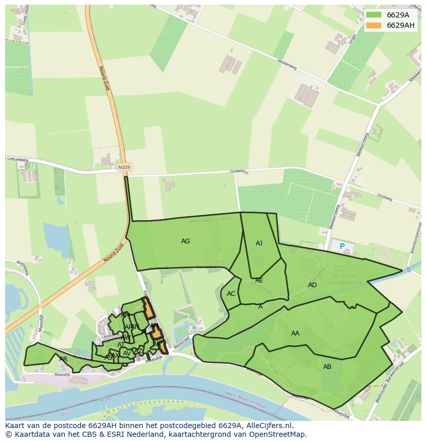 Afbeelding van het postcodegebied 6629 AH op de kaart.