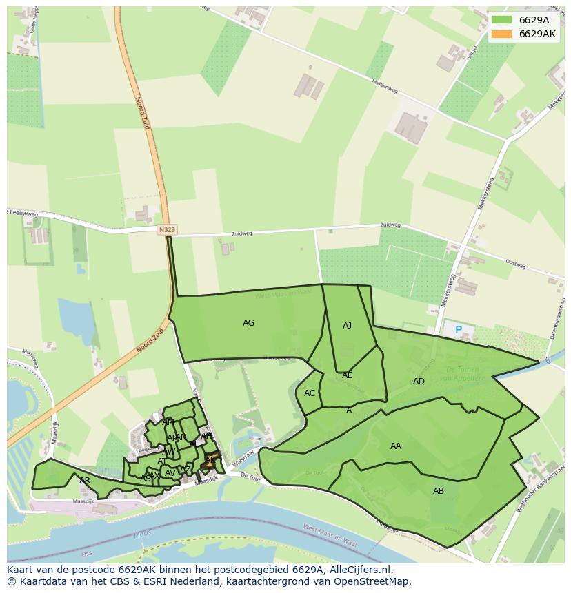 Afbeelding van het postcodegebied 6629 AK op de kaart.