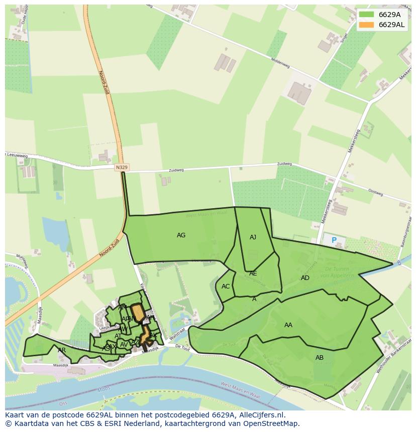 Afbeelding van het postcodegebied 6629 AL op de kaart.