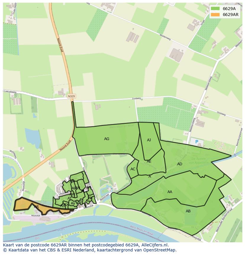 Afbeelding van het postcodegebied 6629 AR op de kaart.