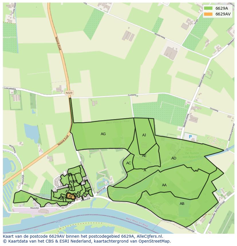 Afbeelding van het postcodegebied 6629 AV op de kaart.