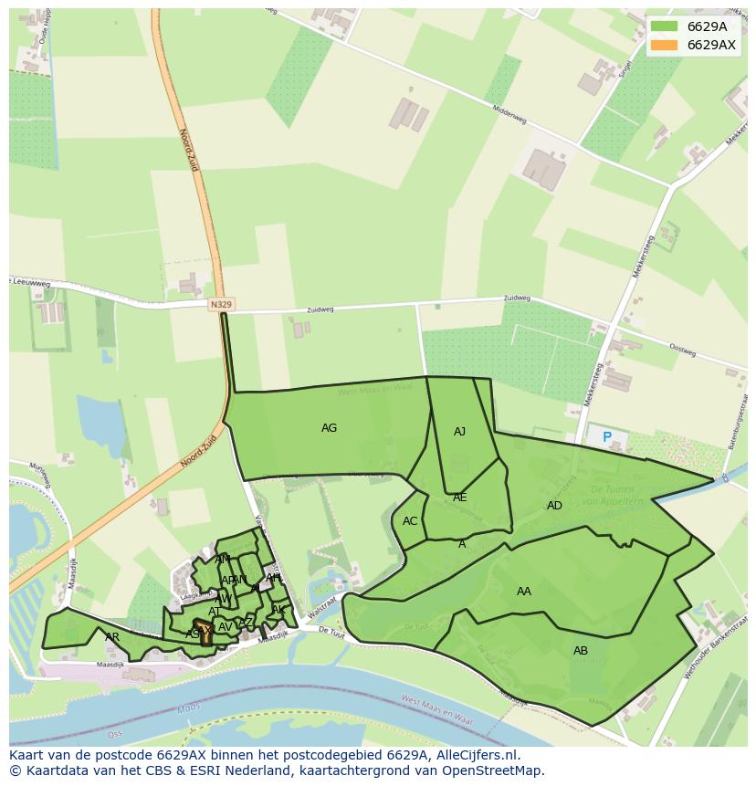 Afbeelding van het postcodegebied 6629 AX op de kaart.