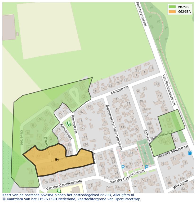 Afbeelding van het postcodegebied 6629 BA op de kaart.