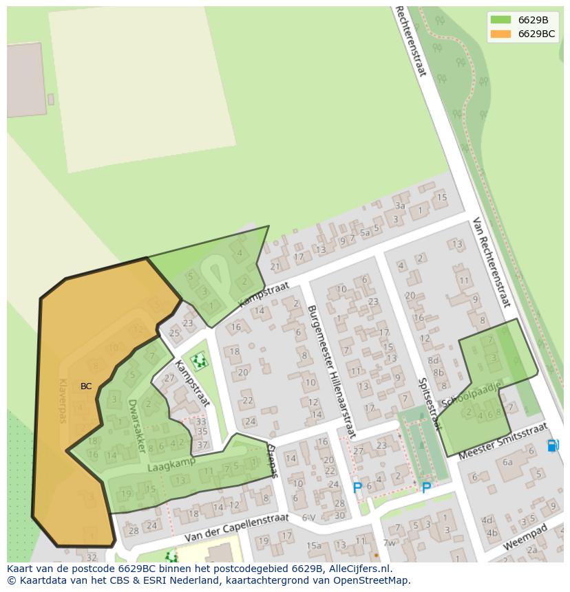 Afbeelding van het postcodegebied 6629 BC op de kaart.