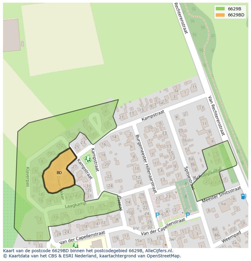Afbeelding van het postcodegebied 6629 BD op de kaart.