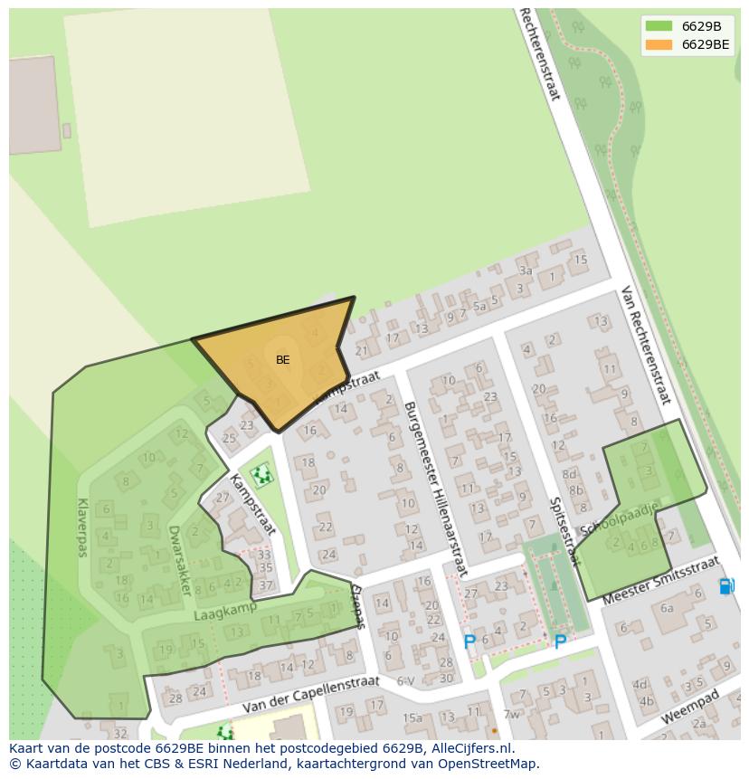 Afbeelding van het postcodegebied 6629 BE op de kaart.