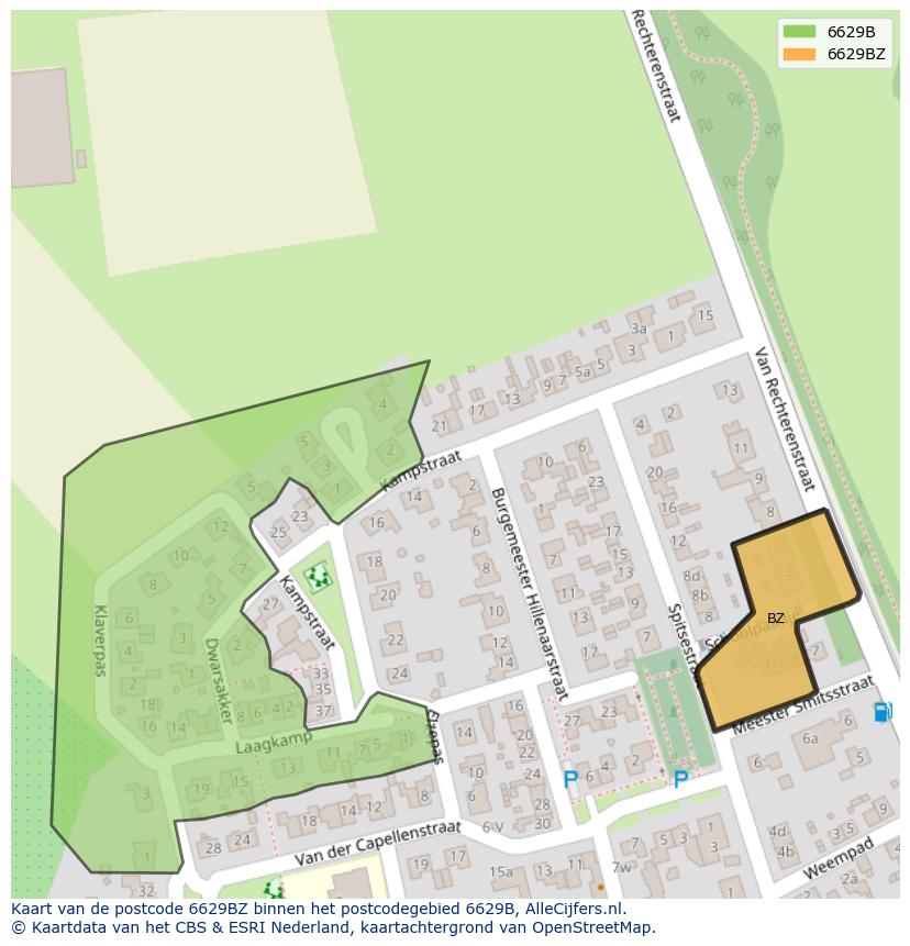 Afbeelding van het postcodegebied 6629 BZ op de kaart.