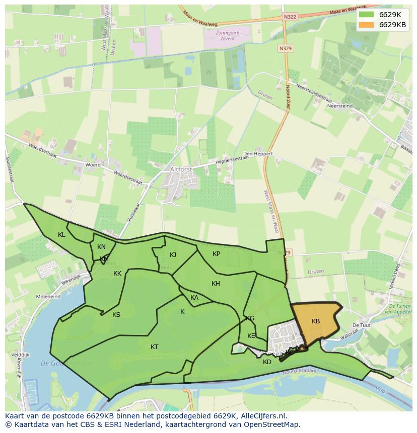 Afbeelding van het postcodegebied 6629 KB op de kaart.