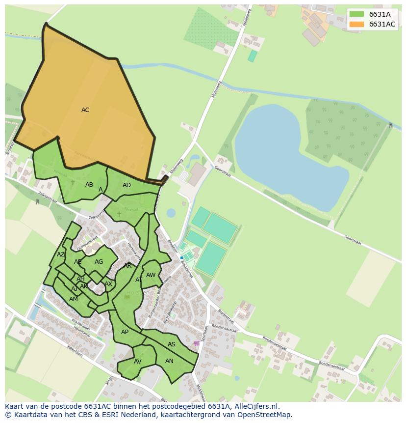 Afbeelding van het postcodegebied 6631 AC op de kaart.