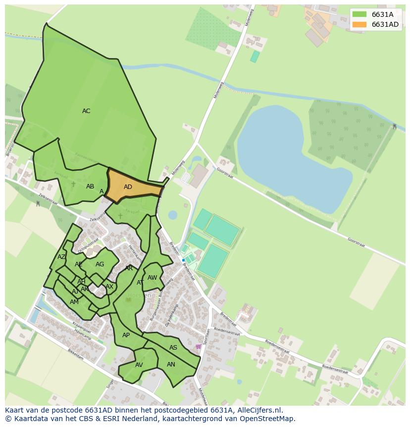 Afbeelding van het postcodegebied 6631 AD op de kaart.